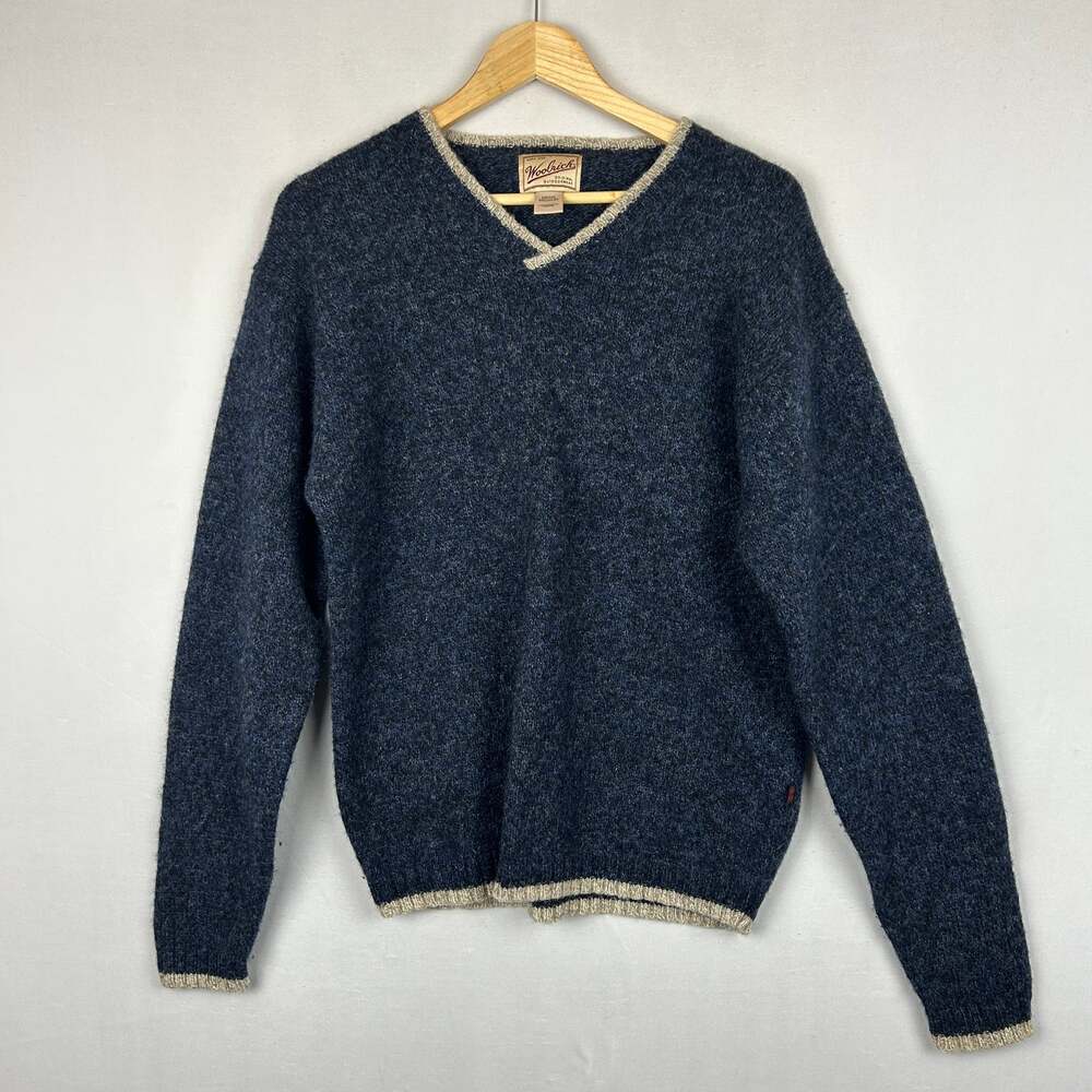 Woolrich Vintage 90s Wool Blend V Neck Navy Blue Sweater Long Sleeve Mens Size M